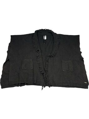 Lauren Ralph Lauren Women One Size Sweater Shawl Black Knit Fringe Collar Winter